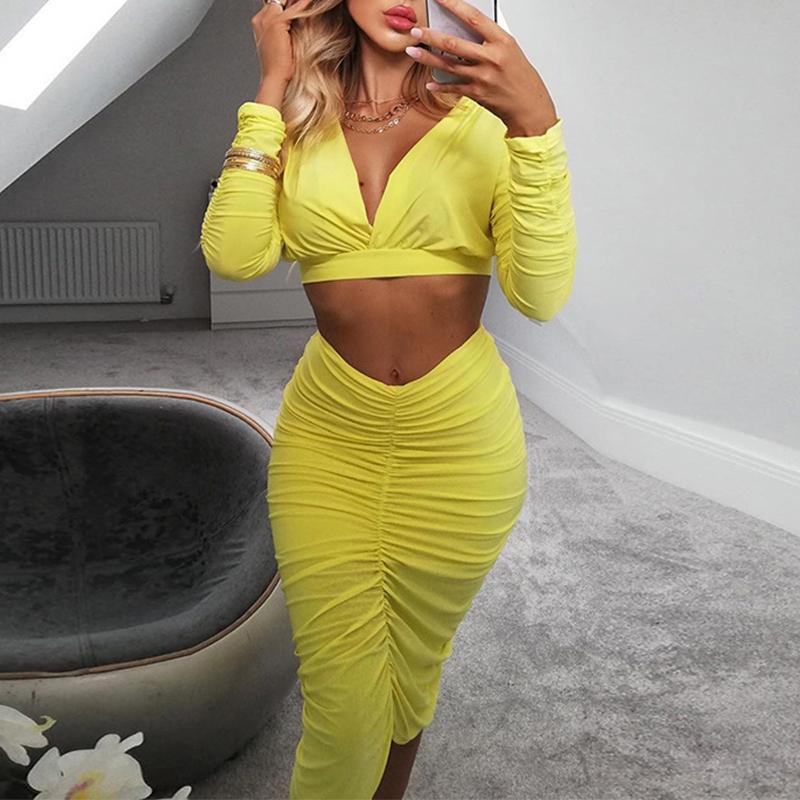 Yellow two-piece suit pleated long sleeve dress Women high Jade