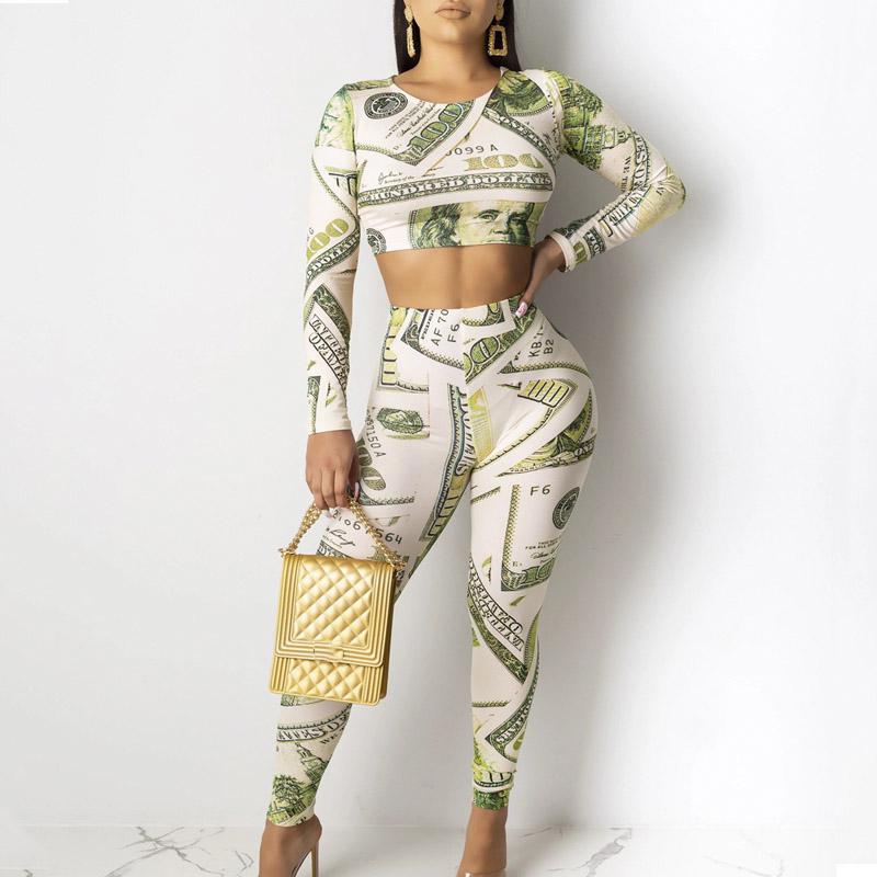 Dollar printing o neck jumpsuit Women slim long sleeve high Jade