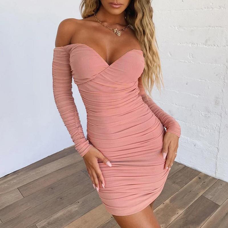 Pink off shoulder v neck bodycon mini dress Long sleeve Jade