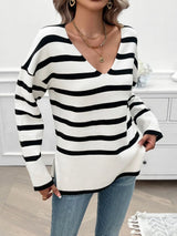 Striped V-Neck Long Sleeve Knit Top Trendsi