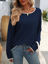 Contrast Trim Round Neck Long Sleeve Sweater Trendsi