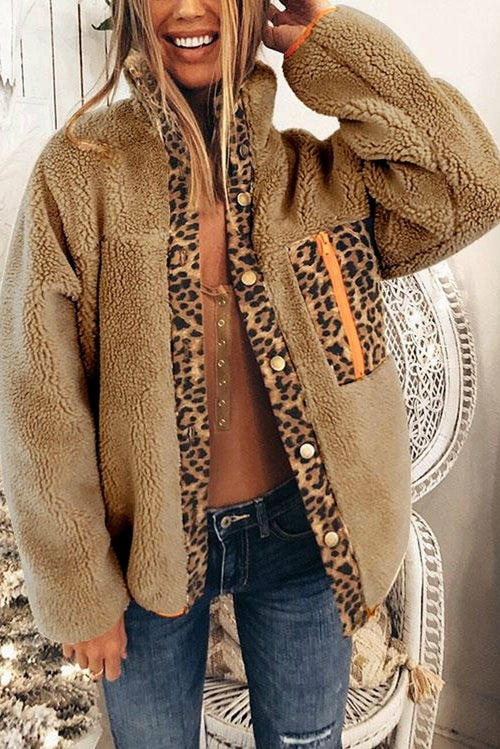 Leopard Patchwork Buttoned Fleece Coat Jade