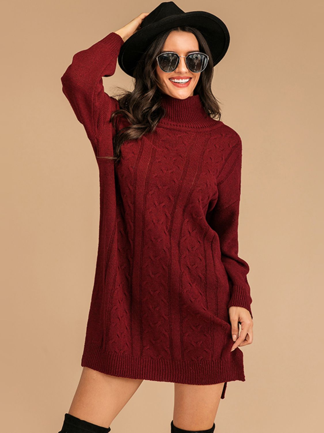 Perfee Slit Turtleneck Long Sleeve Mini Sweater Dress Trendsi