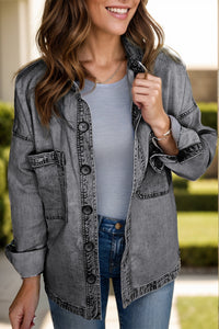 Button Up Long Sleeve Denim Jacket Trendsi