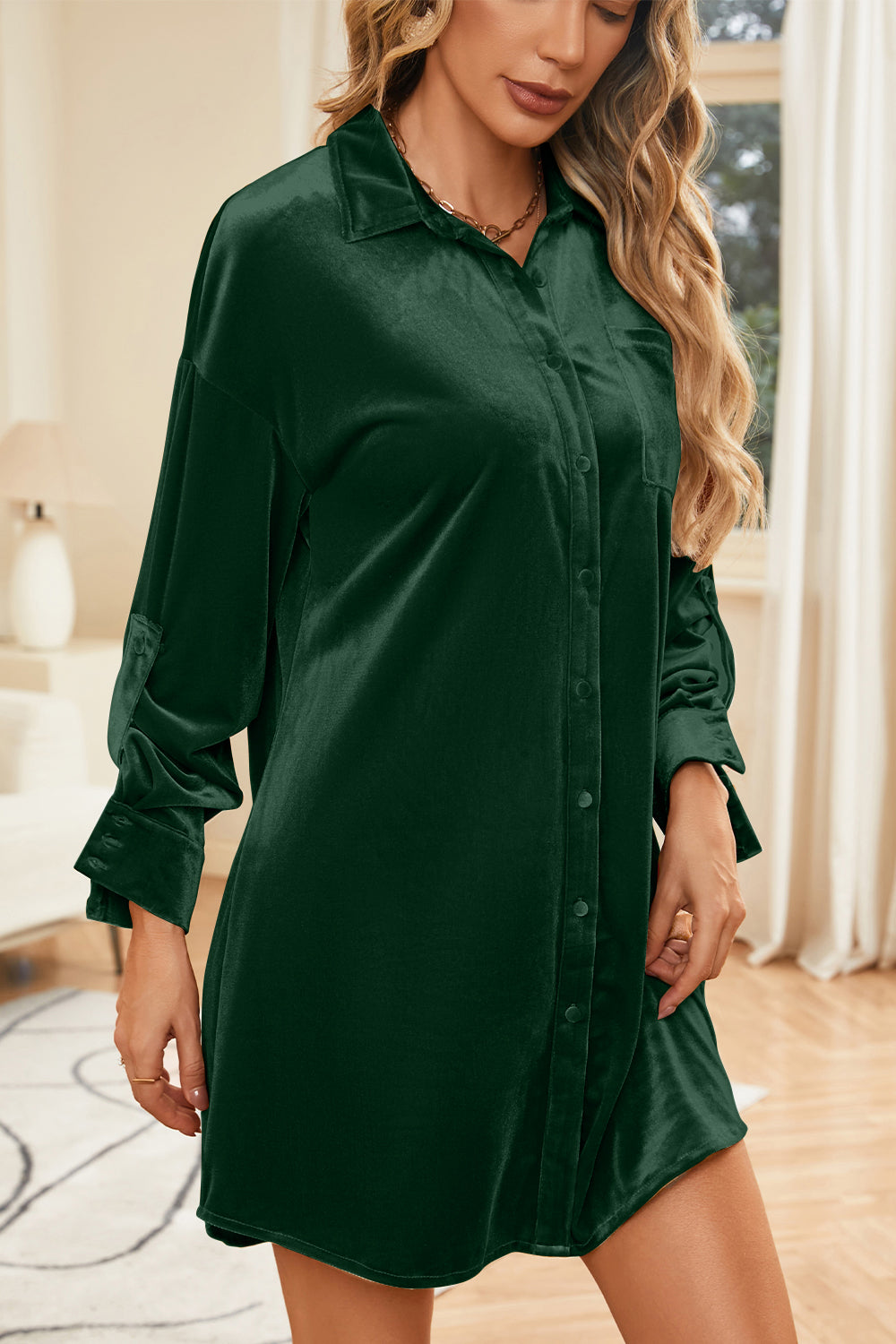 Velvet Collared Neck Long Sleeve Mini Dress Trendsi