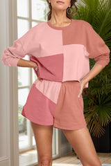 Color Block Round Neck Top and Shorts Set Trendsi