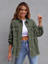 Distressed Drop Shoulder Denim Jacket Trendsi