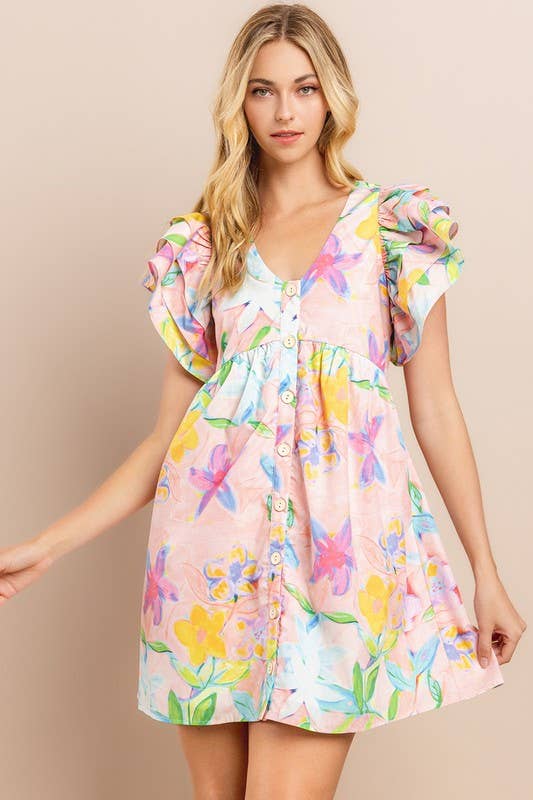Floral Printed Dress in Blush | V Neckline Button Down Mini Dress