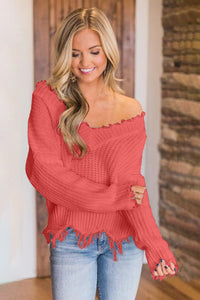 Frayed Hem Dropped Shoulder Sweater Trendsi