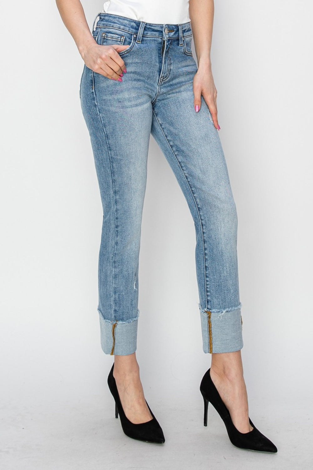 RISEN Full Size High Rise Cuffed Slim Straight Jeans Trendsi