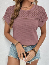 Waffle-Knit Round Neck Short Sleeve Top Trendsi