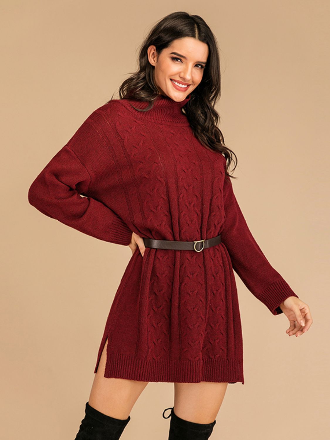 Perfee Slit Turtleneck Long Sleeve Mini Sweater Dress Trendsi