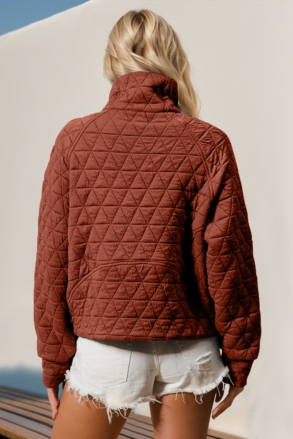 Double Take Half Zip Long Sleeve Quilted Sweatshirt with Pocket Trendsi