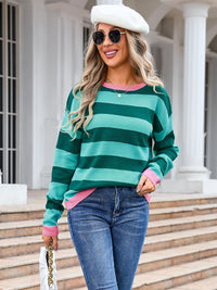 Striped Round Neck Dropped Shoulder Sweater Trendsi