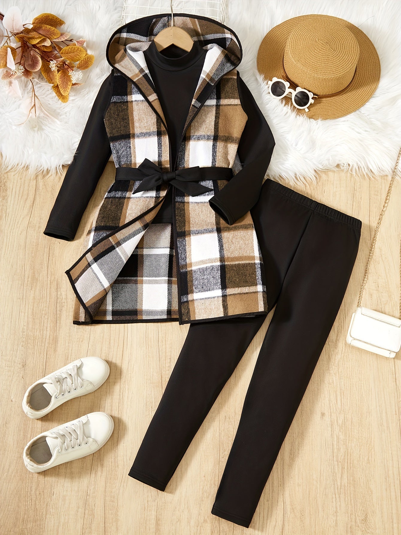 3-Piece Girl's Set - Elegant Plaid Hooded Vest, Long Sleeve Pullover, and Trousers - Soft, Comfortable, and Stylish Spring Fall Casual Outfit for Girls, Perfect Gift Idea Dropshipman