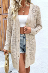 Openwork Button Down Long Sleeve Cardigan Trendsi