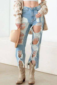 Litz La Frayed Cut Distressed Jeans Trendsi