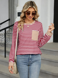 Pocketed Striped Round Neck Long Sleeve T-Shirt Trendsi