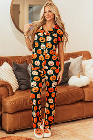 Pumpkin Printed Short Sleeve Top and Pants Lounge Set Trendsi