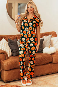 Pumpkin Printed Short Sleeve Top and Pants Lounge Set Trendsi