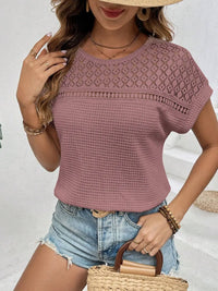 Waffle-Knit Round Neck Short Sleeve Top Trendsi