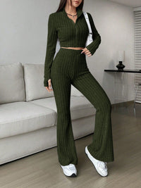 Zip Up Long Sleeve Top and Pants Set Trendsi