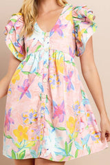 Floral Printed Dress in Blush | V Neckline Button Down Mini Dress
