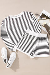 Striped Round Neck Long Sleeve Top and Shorts Set Trendsi