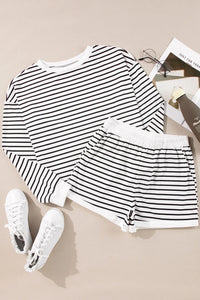 Striped Round Neck Long Sleeve Top and Shorts Set Trendsi