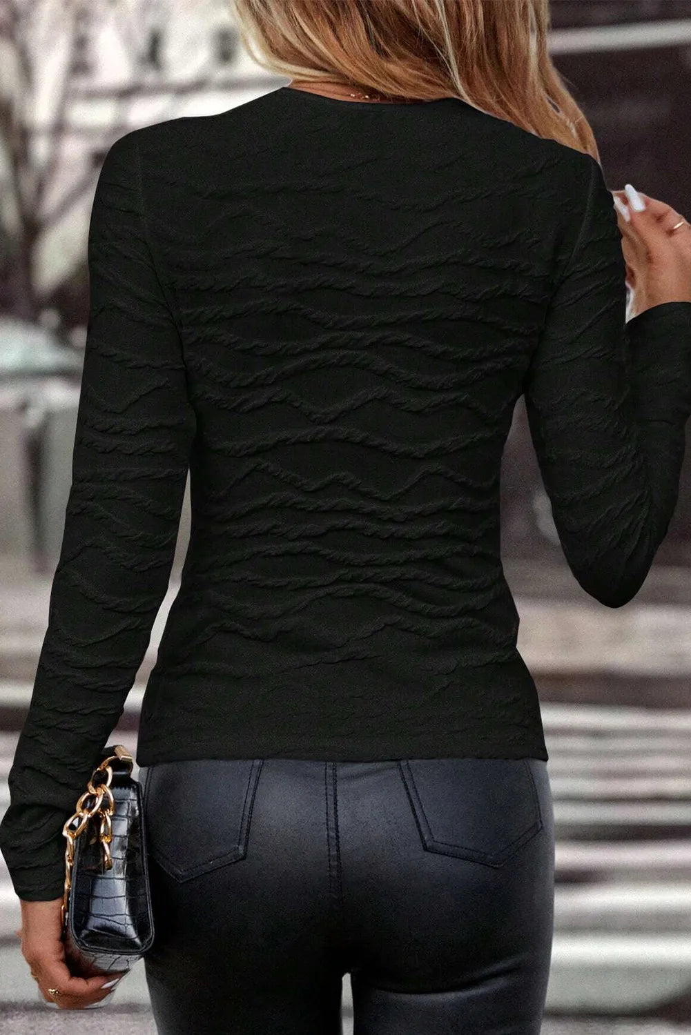 Textured Round Neck Long Sleeve Blouse Trendsi