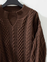 Cable-Knit Notched Long Sleeve Sweater Trendsi