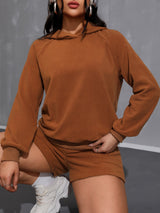 Long Sleeve Hoodie and Pocketed Shorts Set Trendsi