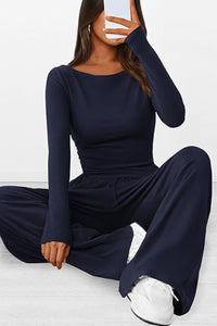 Round Neck Long Sleeve Top and Pants Set Trendsi