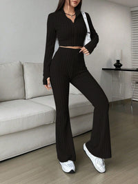 Zip Up Long Sleeve Top and Pants Set Trendsi