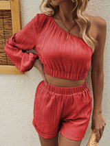 Honey One Shoulder Long Sleeve Top and Shorts Set Trendsi