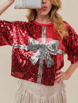 Sequin Bow Graphic Round Neck Half Sleeve T-Shirt Trendsi