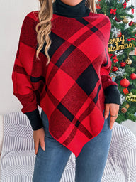 Plaid Turtleneck Batwing Sleeve Sweater Trendsi