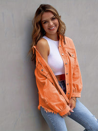 Distressed Drop Shoulder Denim Jacket Trendsi