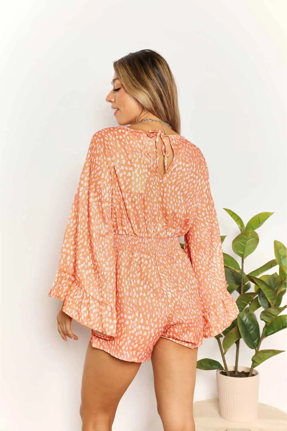 Double Take Printed Flare Sleeve Surplice Romper Trendsi