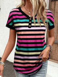 Striped V-Neck Short Sleeve T-Shirt Trendsi