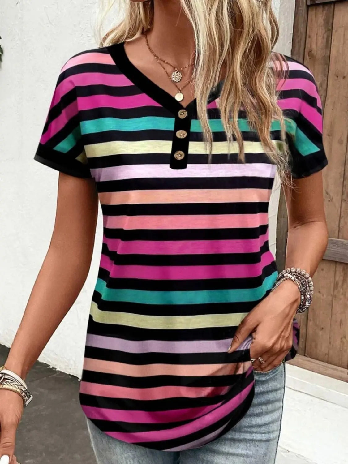 Striped V-Neck Short Sleeve T-Shirt Trendsi