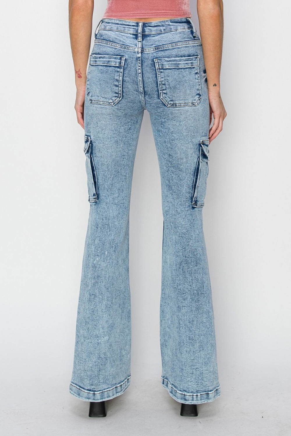 RISEN Full Size High Rise Cargo Flare Jeans Trendsi