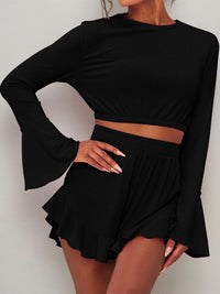 Round Neck Long Sleeve Top and Ruffled Shorts Set Trendsi