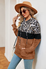 Leopard Drawstring Hoodie with Pocket Trendsi