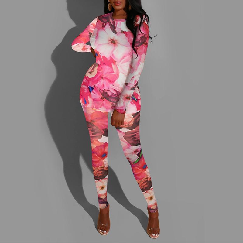 Pink two piece set flower print jumpsuit Women long sleeve Jade