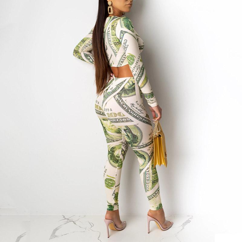 Dollar printing o neck jumpsuit Women slim long sleeve high Jade