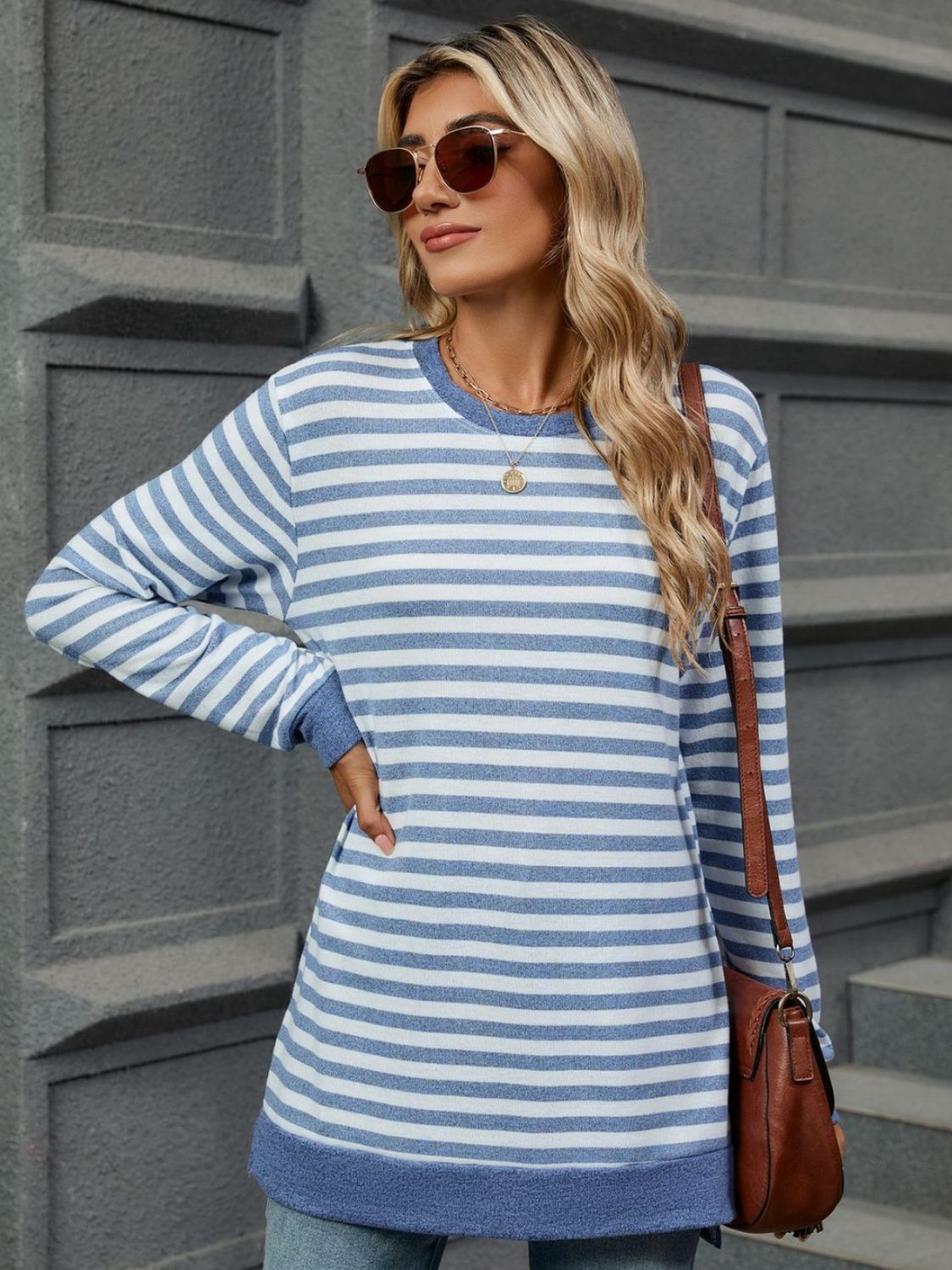 Striped Round Neck Long Sleeve T-Shirt Trendsi