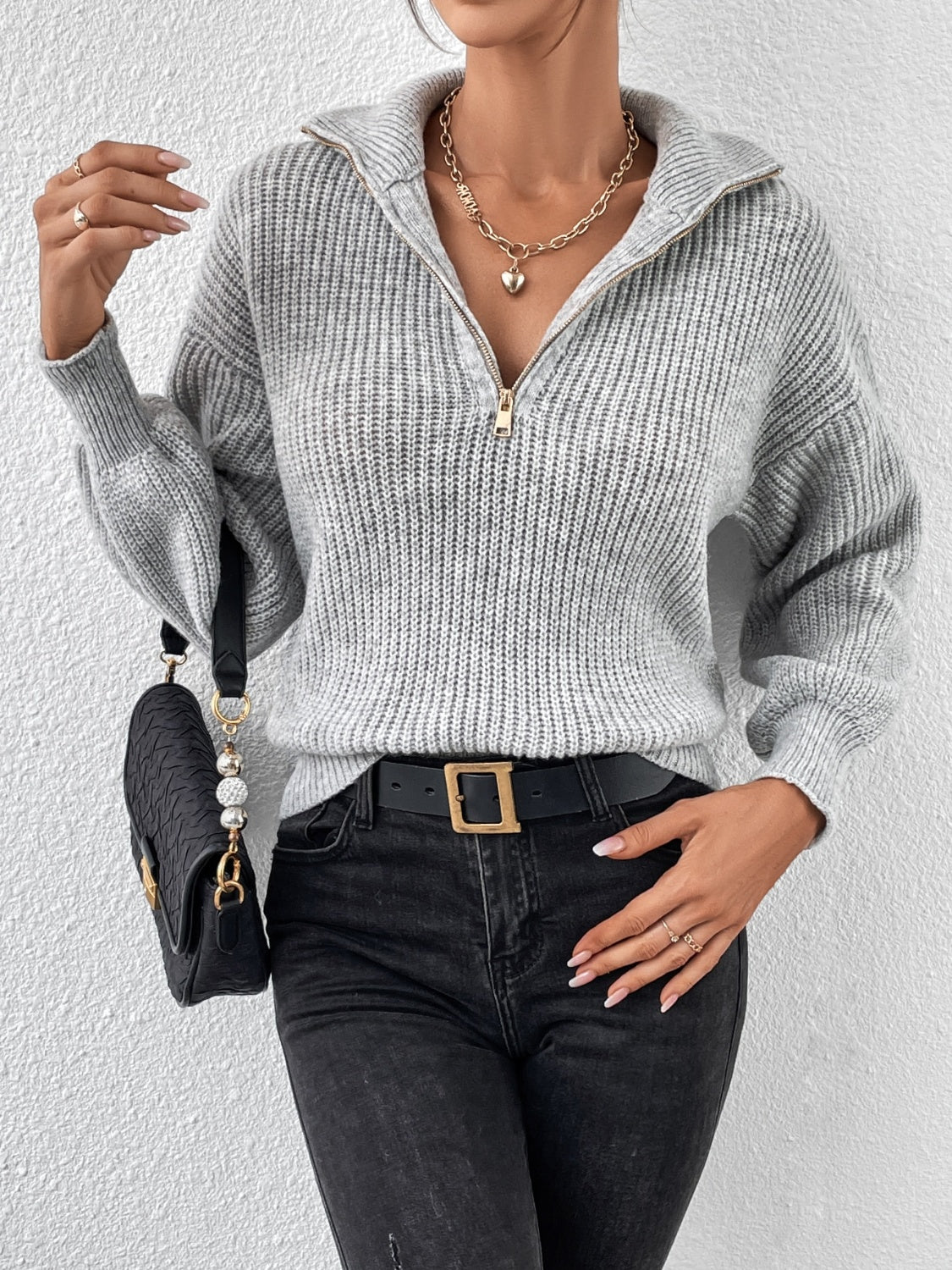 Honey Half Zip Dropped Shoulder Sweater Trendsi