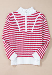 Striped Half Zip Mock Neck Long Sleeve Sweater Trendsi