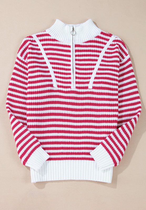 Striped Half Zip Mock Neck Long Sleeve Sweater Trendsi